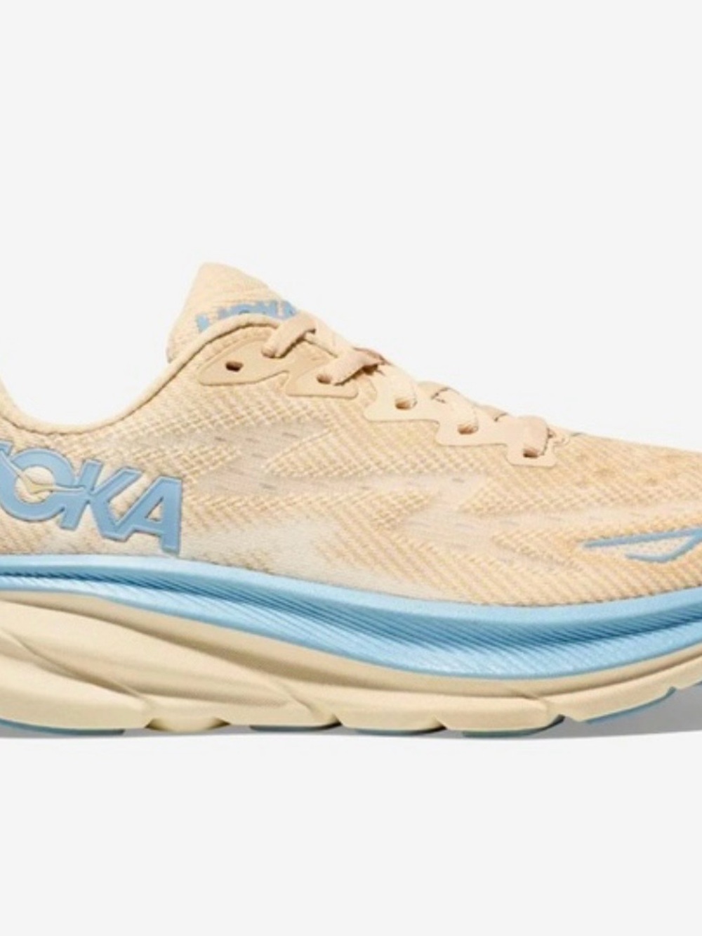 Hoka Clifton 9 Women's Running Shoe - Beige and Light Blue